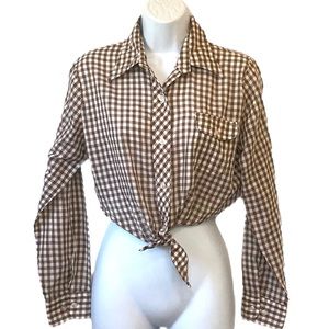 Vintage Sears Check Print Button Up Knot Crop Top